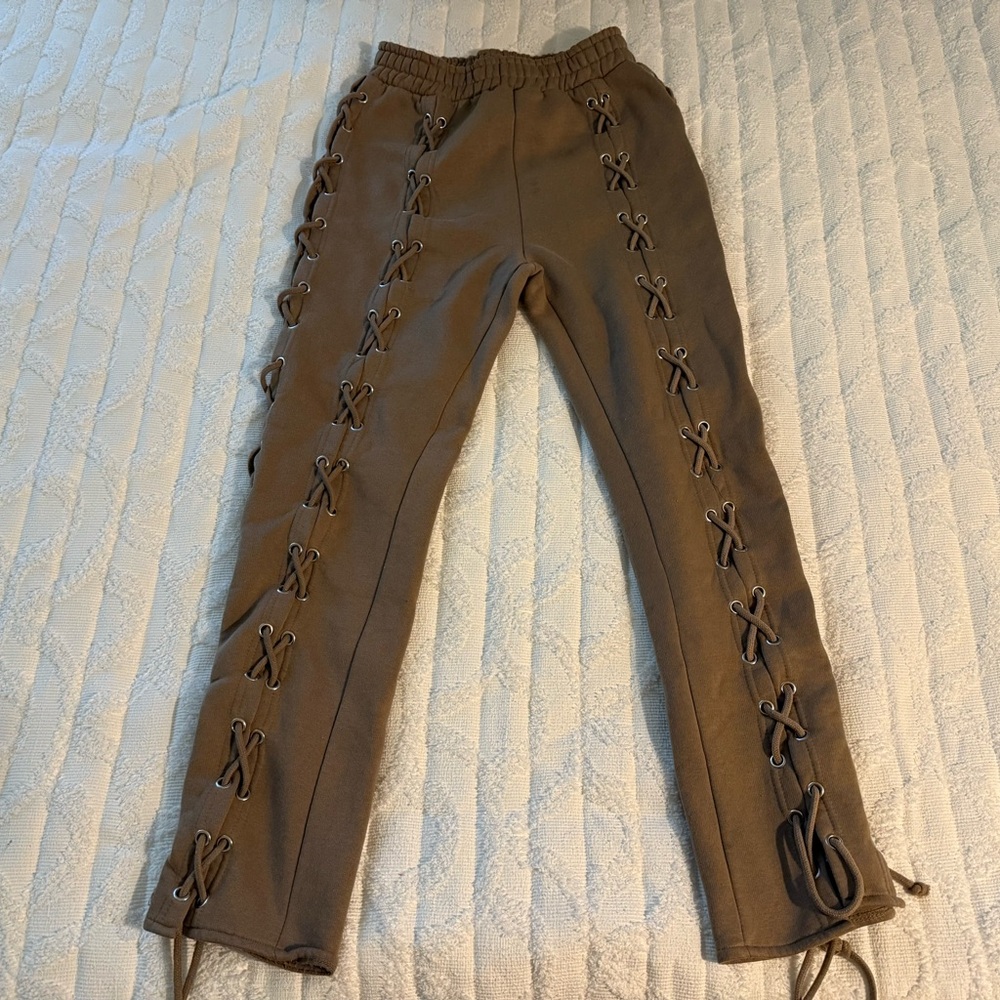 PrettyLittleThing Taupe Lace-Up Sweatpants